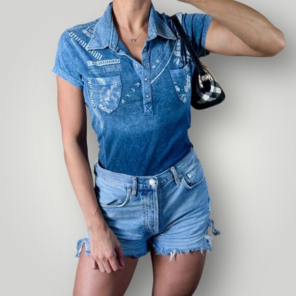 RARE G-Star Raw Womens Rhinestone Western Denim Stone Wash Polo Shirt Y2K Ombre - Picture 1 of 10